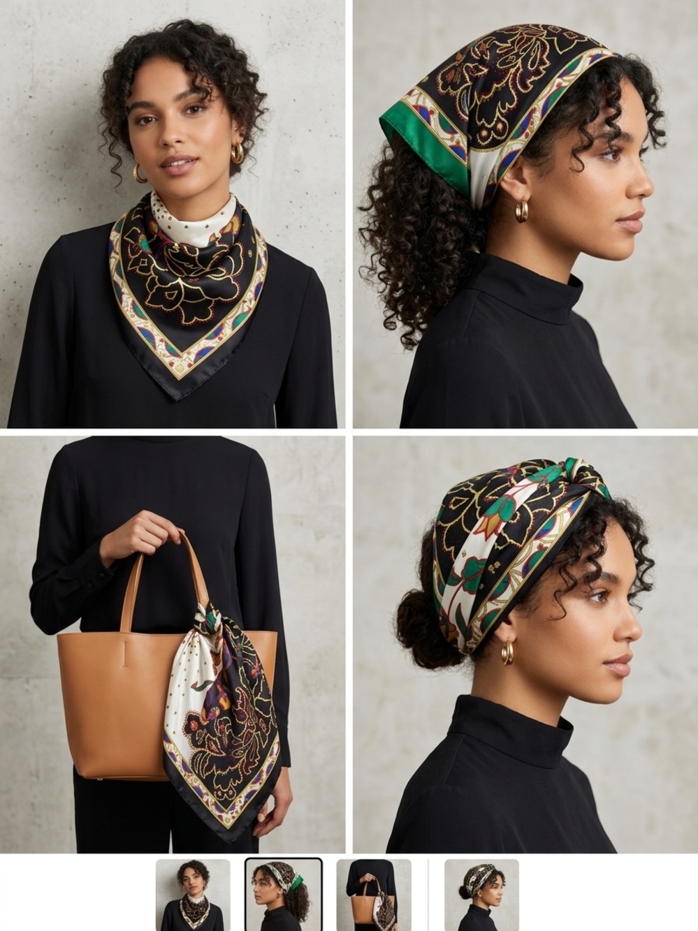 Vintage 80s Style Square Scarf Black Ivory Gold Floral Paisley